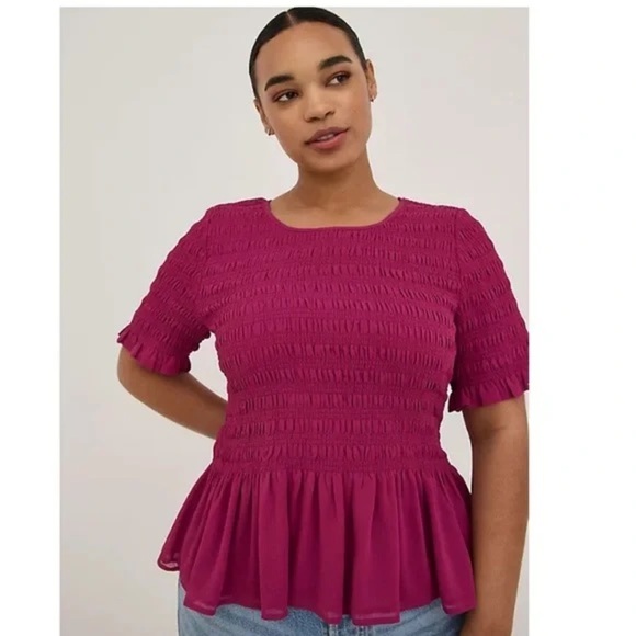 Torrid Fuchsia Pink Peplum Chiffon Smocked Top - Picture 1 of 6